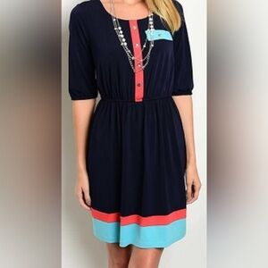Chic Enfocus Studio Casual Dress – Blue/Red, 3/4 Sleeves, Size 10, EUC